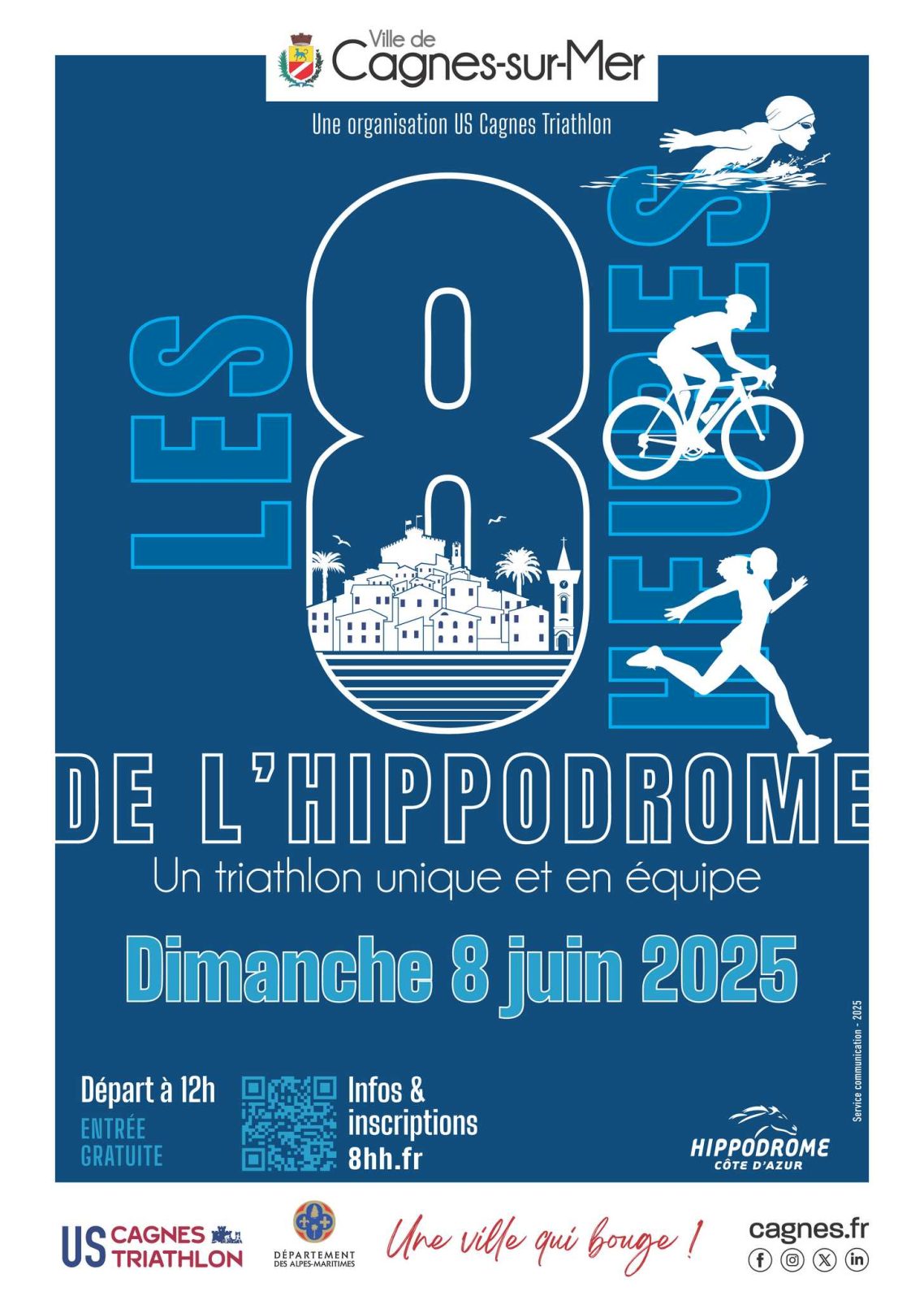 Affiche : les 8 heures de l'hippodrome, le nouveau triathlon de Cagnes-sur-Mer, dimanche 8 juin 2025.